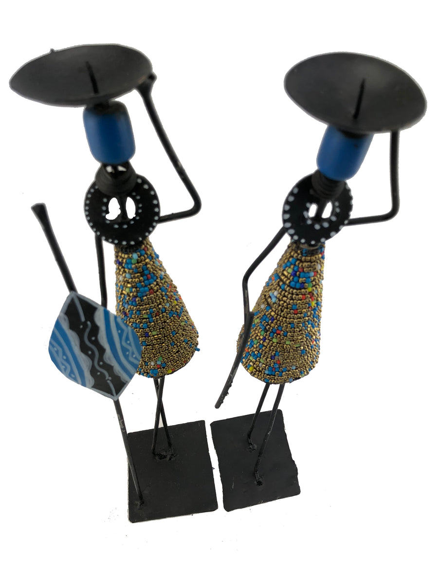 Pair of African Hand Carved Metal Candlestick
