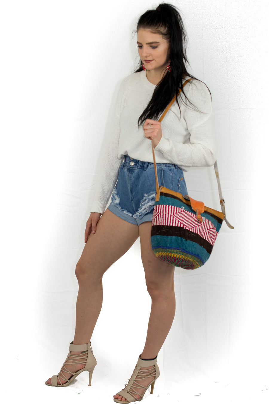 Handcrafted colorful hemp thread knitted shoulder bags