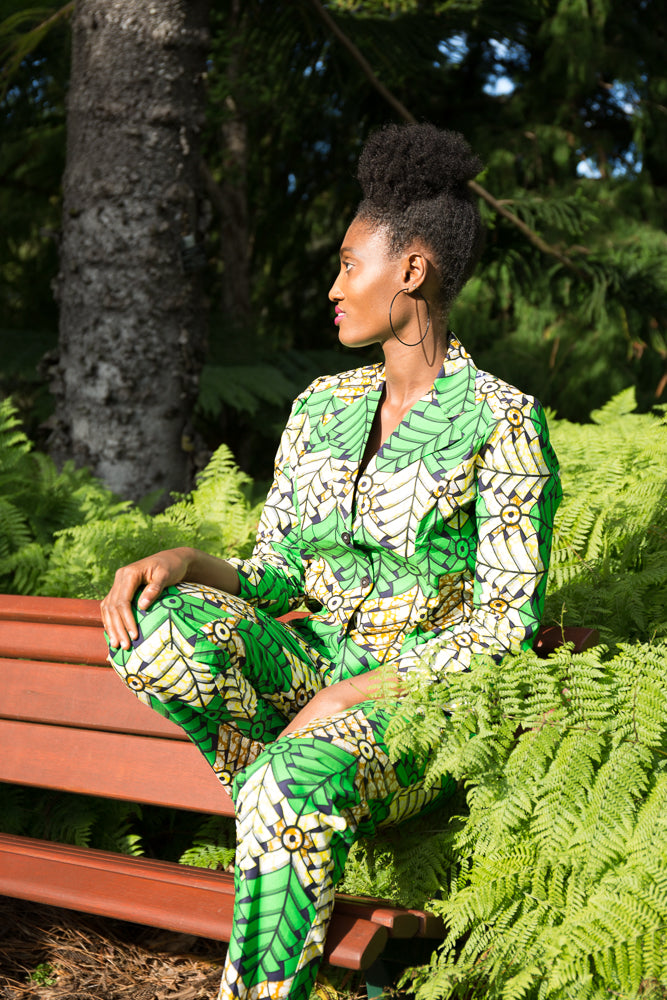 yellow and green vibrant prints jacket and pants set