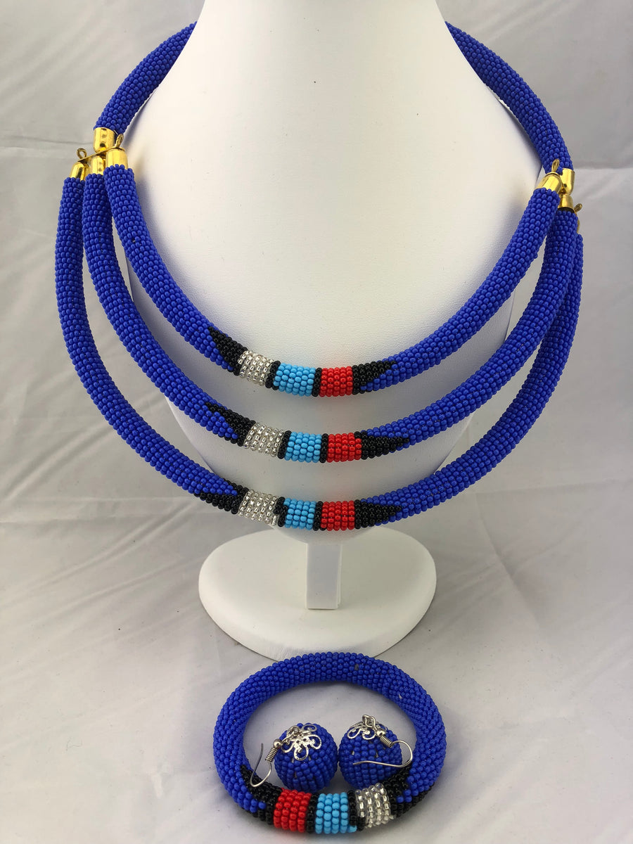 African Jewelry Set of Multi strand (Necklace, Earrings and Bracelet)