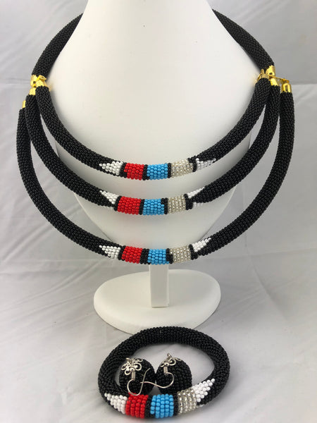 African Jewelry Set of Multi strand (Necklace, Earrings and Bracelet)