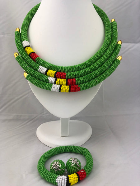 African Jewelry Set of Multi strand (Necklace, Earrings and Bracelet)